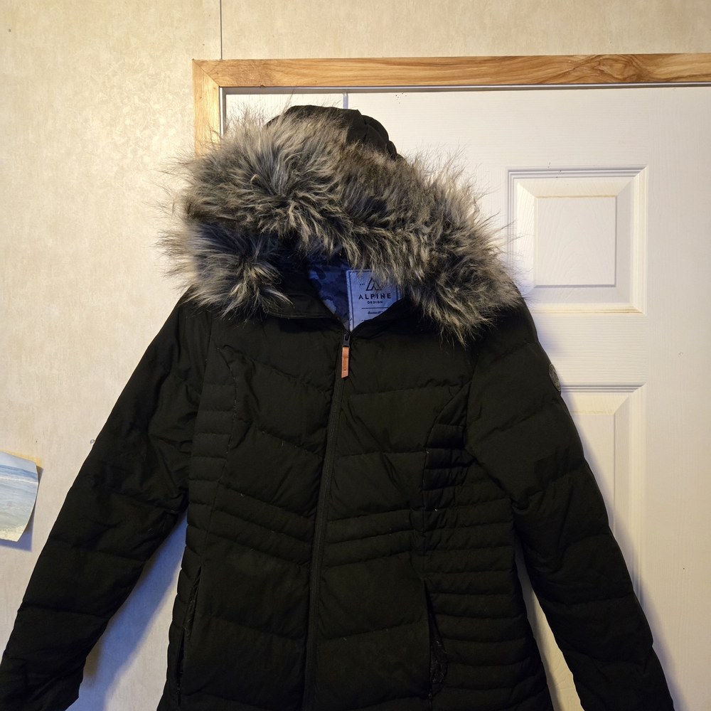 Alpine Women's Black Puffer Jacket with Faux Fur Hood